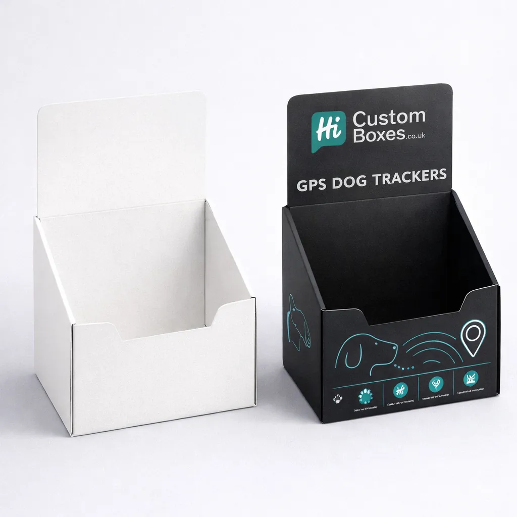 Two cardboard counter display units with high backboards, showcasing professional branding and logo. class=